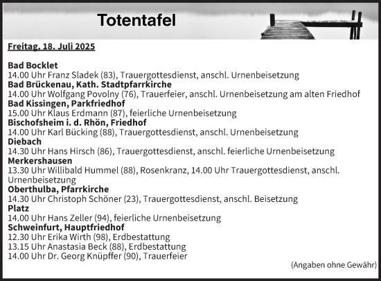 Anzeige von Totentafel vom 18.07.2025 von MGO