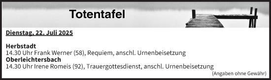 Anzeige von Totentafel vom 22.07.2025 von MGO