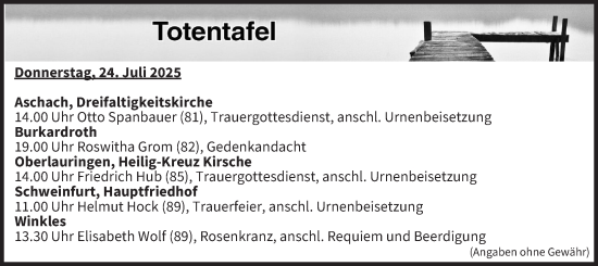 Anzeige von Totentafel vom 24.07.2025 von MGO