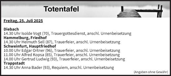Anzeige von Totentafel vom 25.07.2025 von MGO