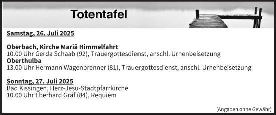 Anzeige von Totentafel vom 26.07.2025 von MGO
