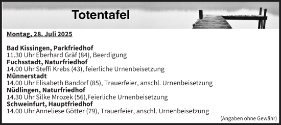 Anzeige von Totentafel vom 28.07.2025 von MGO