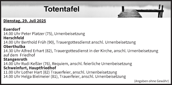 Anzeige von Totentafel vom 29.07.2025 von MGO