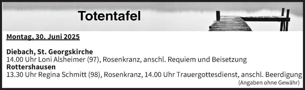  Traueranzeige für Totentafel vom 30.06.2025 vom 30.06.2025 aus MGO