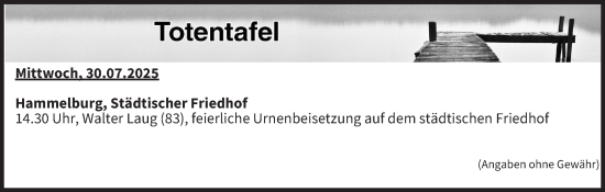 Anzeige von Totentafel vom 30.07.2025 von MGO