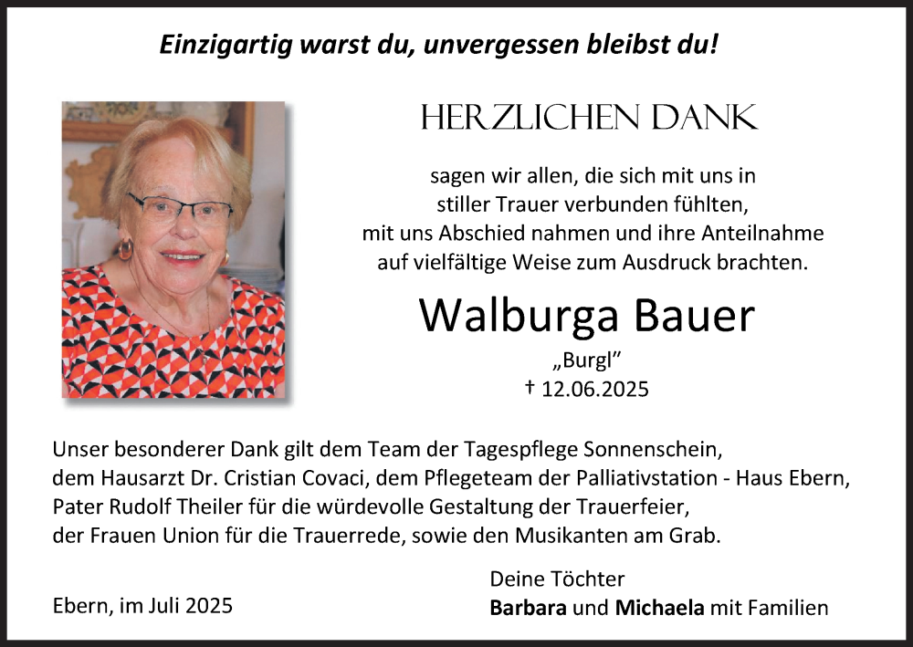  Traueranzeige für Walburga Bauer vom 12.07.2025 aus MGO