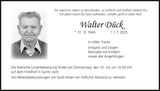 Anzeige von Walter Dück von MGO