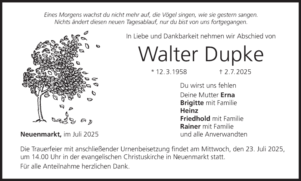  Traueranzeige für Walter Dupke vom 19.07.2025 aus MGO