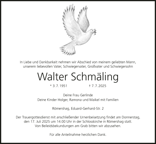 Anzeige von Walter Schmäling von MGO
