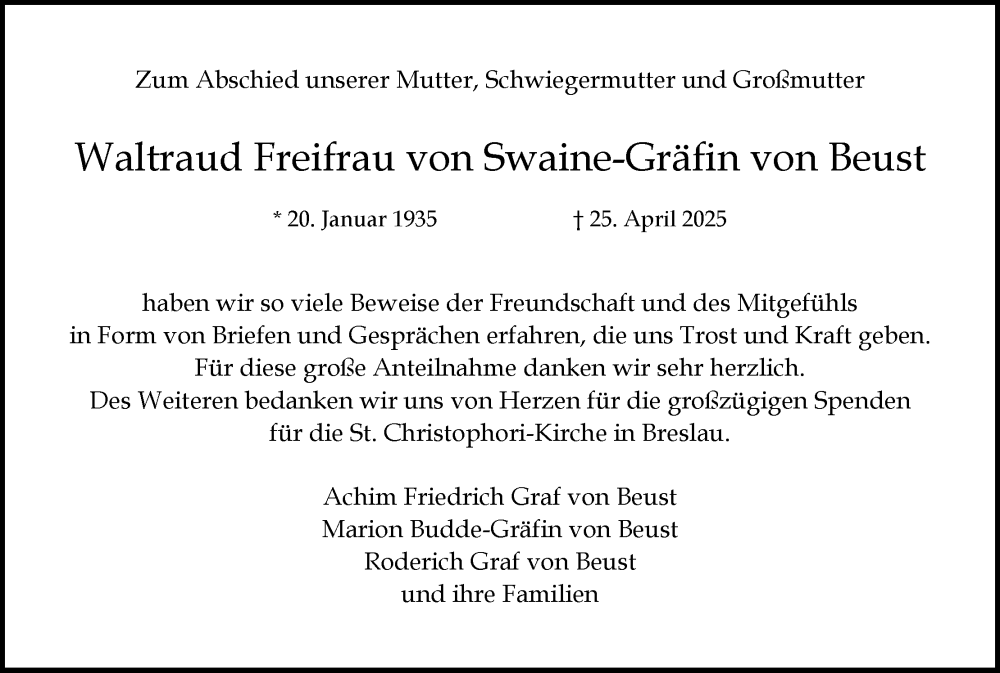  Traueranzeige für Waltraud Freifrau von Swaine-Gräfin von Beust vom 16.07.2025 aus MGO