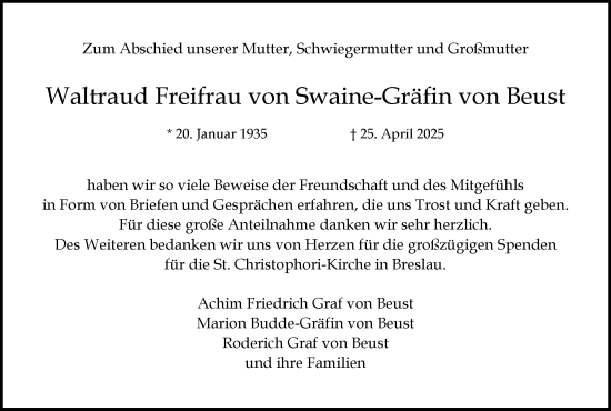 Anzeige von Waltraud Freifrau von Swaine-Gräfin von Beust von MGO