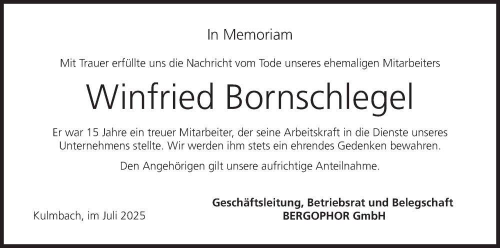  Traueranzeige für Winfried Bornschlegel vom 05.07.2025 aus MGO