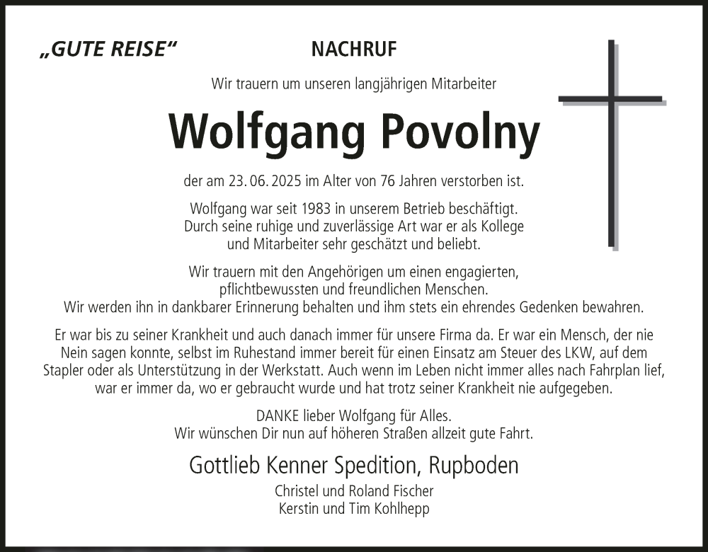  Traueranzeige für Wolfgang Povolny vom 12.07.2025 aus MGO