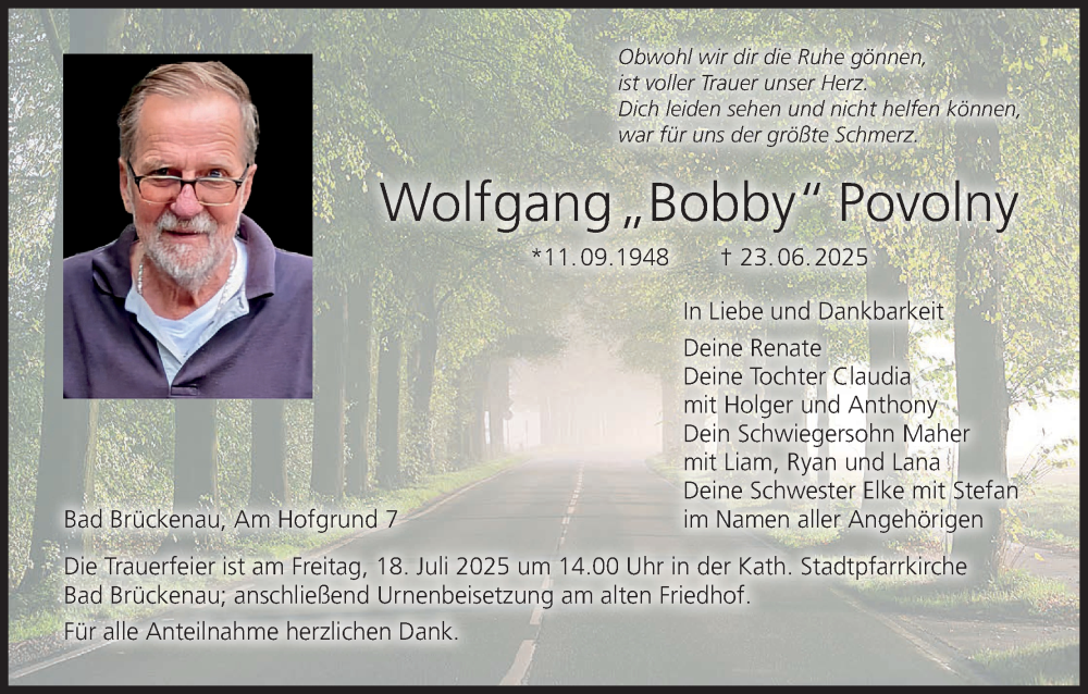  Traueranzeige für Wolfgang Povolny vom 12.07.2025 aus MGO