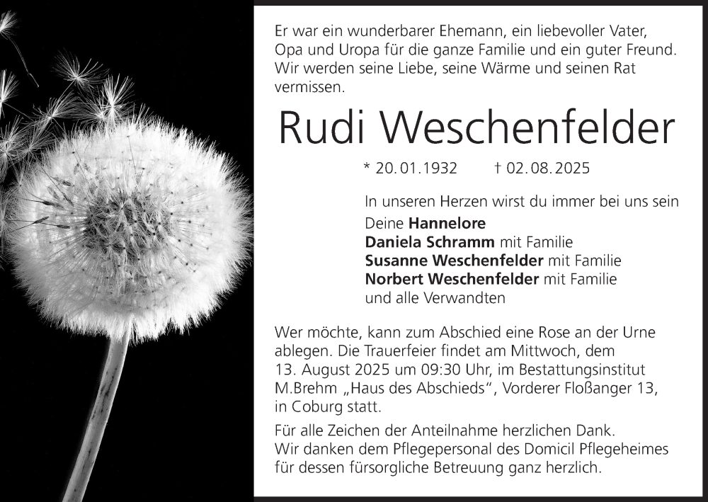  Traueranzeige für Rudi Weschenfelder vom 09.08.2025 aus Coburger Tageblatt