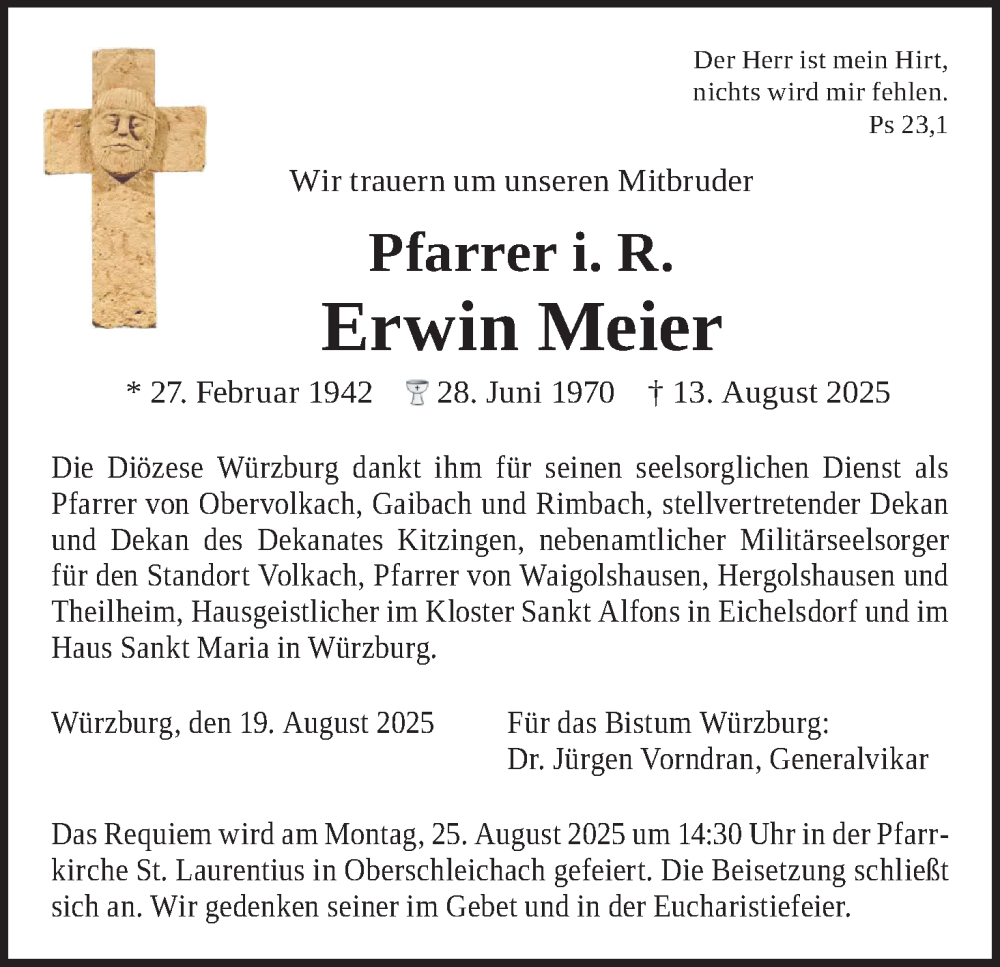  Traueranzeige für Erwin Meier vom 19.08.2025 aus MGO