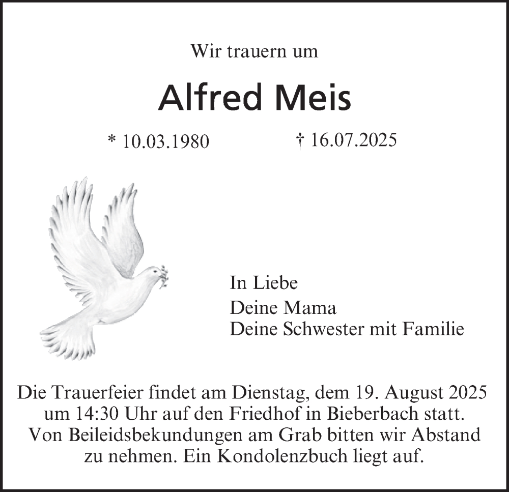  Traueranzeige für Alfred Meis vom 09.08.2025 aus MGO
