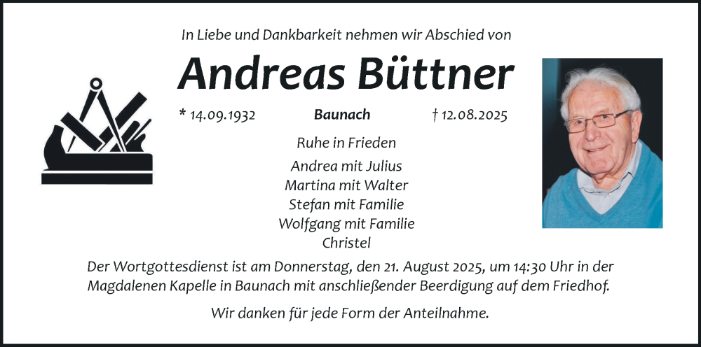  Traueranzeige für Andreas Büttner vom 16.08.2025 aus MGO
