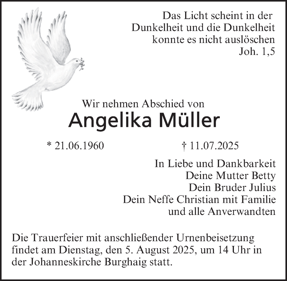  Traueranzeige für Angelika Müller vom 02.08.2025 aus MGO