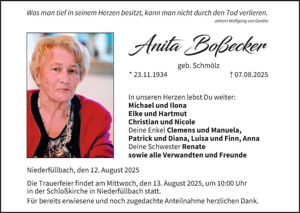  Traueranzeige für Anita Boßecker vom 12.08.2025 aus MGO