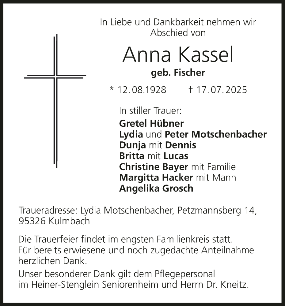  Traueranzeige für Anna Kassel vom 09.08.2025 aus MGO