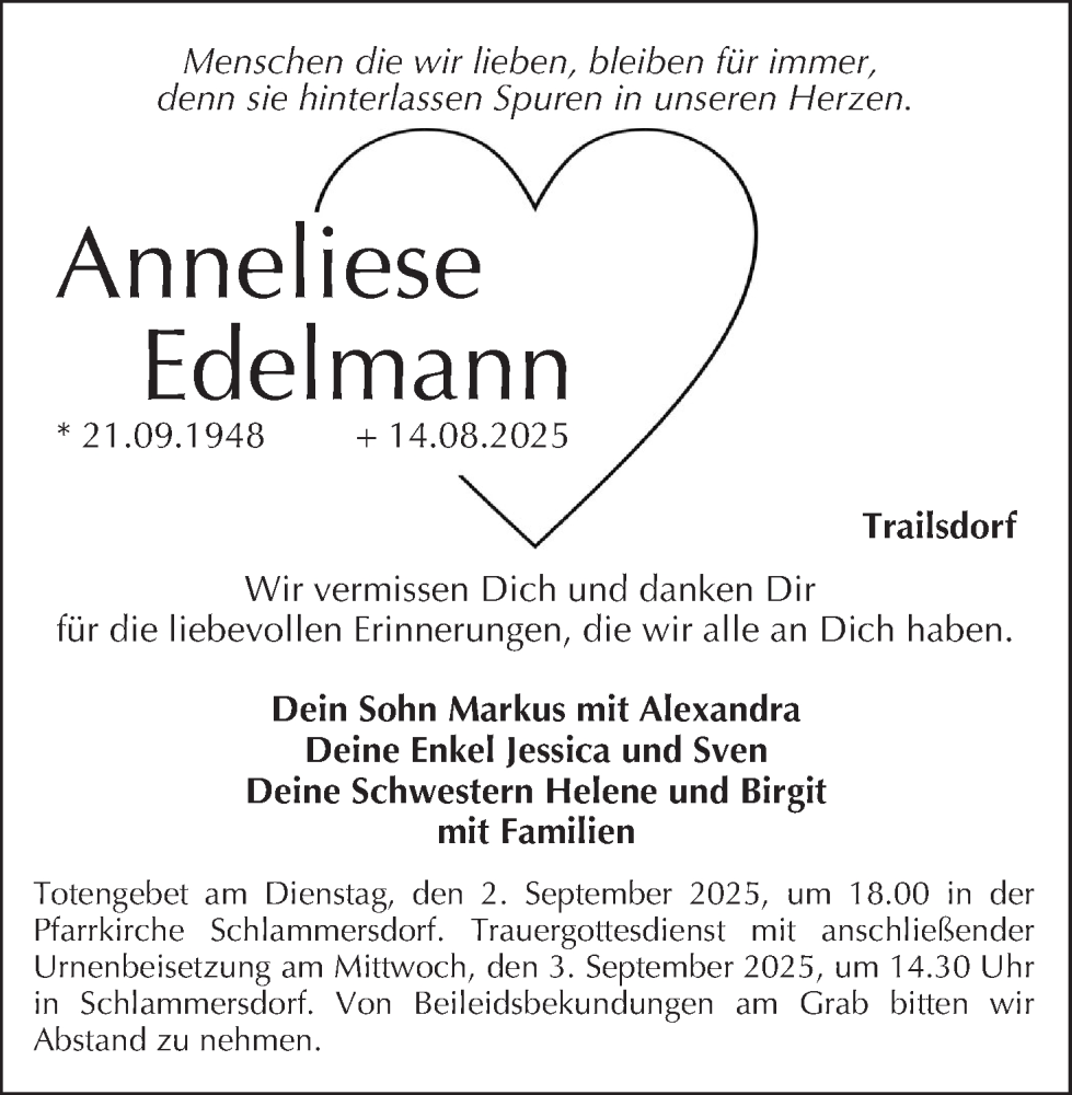  Traueranzeige für Anneliese Edelmann vom 30.08.2025 aus MGO