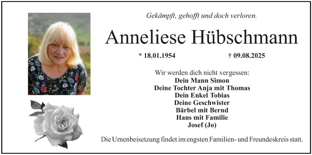  Traueranzeige für Anneliese Hübschmann vom 14.08.2025 aus MGO