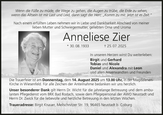 Anzeige von Anneliese Zier von MGO