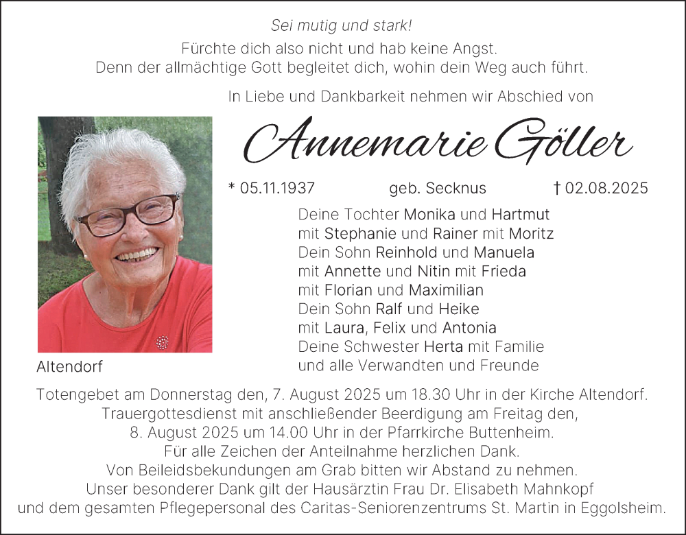  Traueranzeige für Annemarie Göller vom 06.08.2025 aus MGO