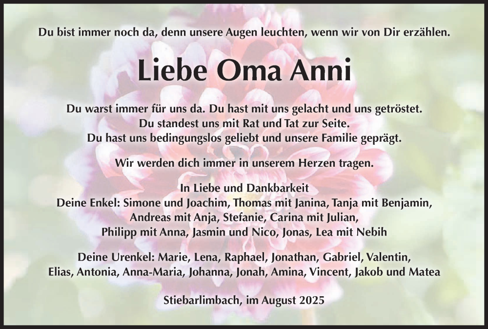  Traueranzeige für Anni Belzer vom 16.08.2025 aus MGO