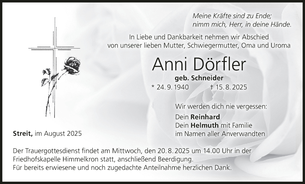  Traueranzeige für Anni Dörfler vom 19.08.2025 aus MGO