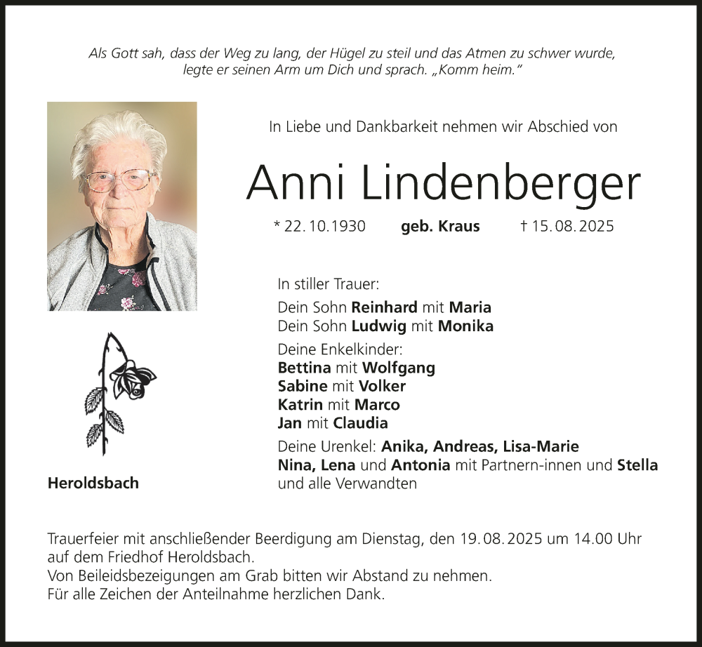 Traueranzeige für Anni Lindenberger vom 16.08.2025 aus MGO