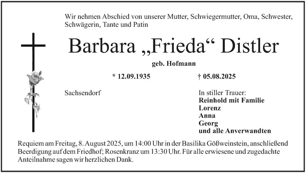  Traueranzeige für Barbara Distler vom 06.08.2025 aus MGO