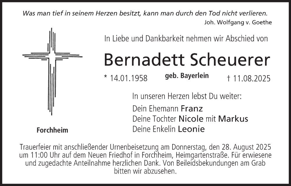  Traueranzeige für Bernadett Scheuerer vom 23.08.2025 aus MGO
