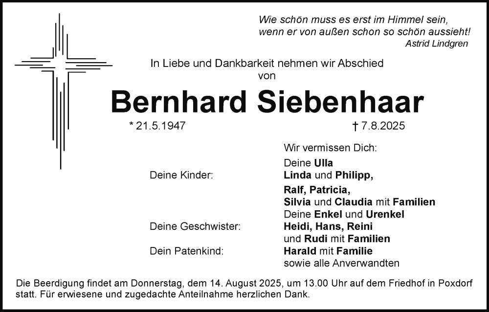  Traueranzeige für Bernhard Siebenhaar vom 12.08.2025 aus MGO