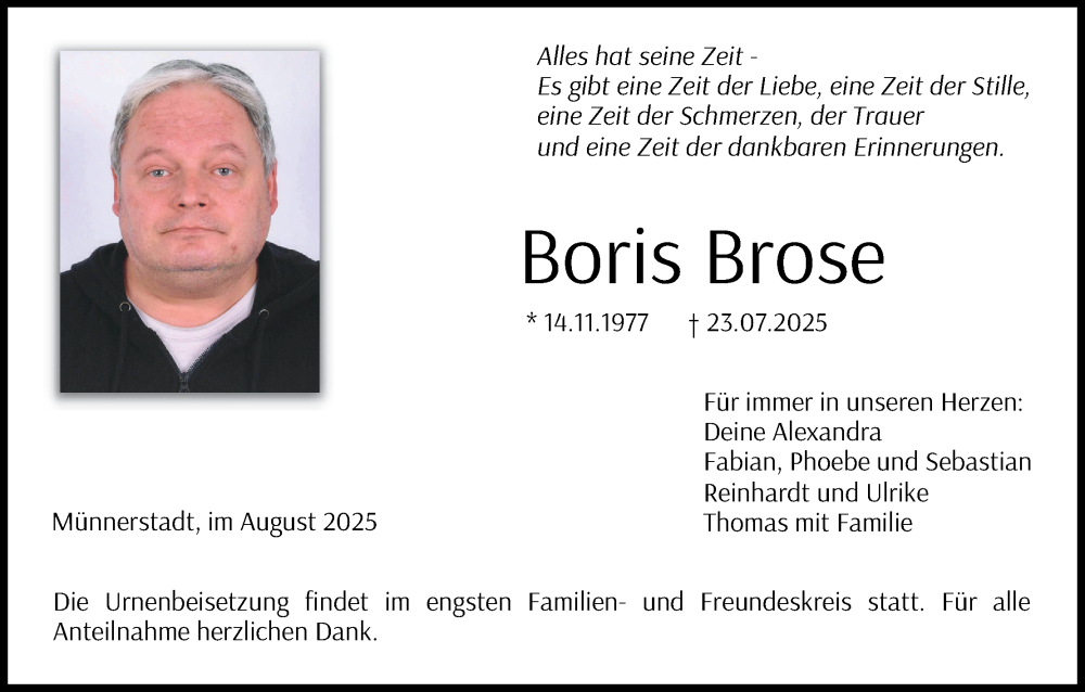 Traueranzeige für Boris Brose vom 02.08.2025 aus MGO
