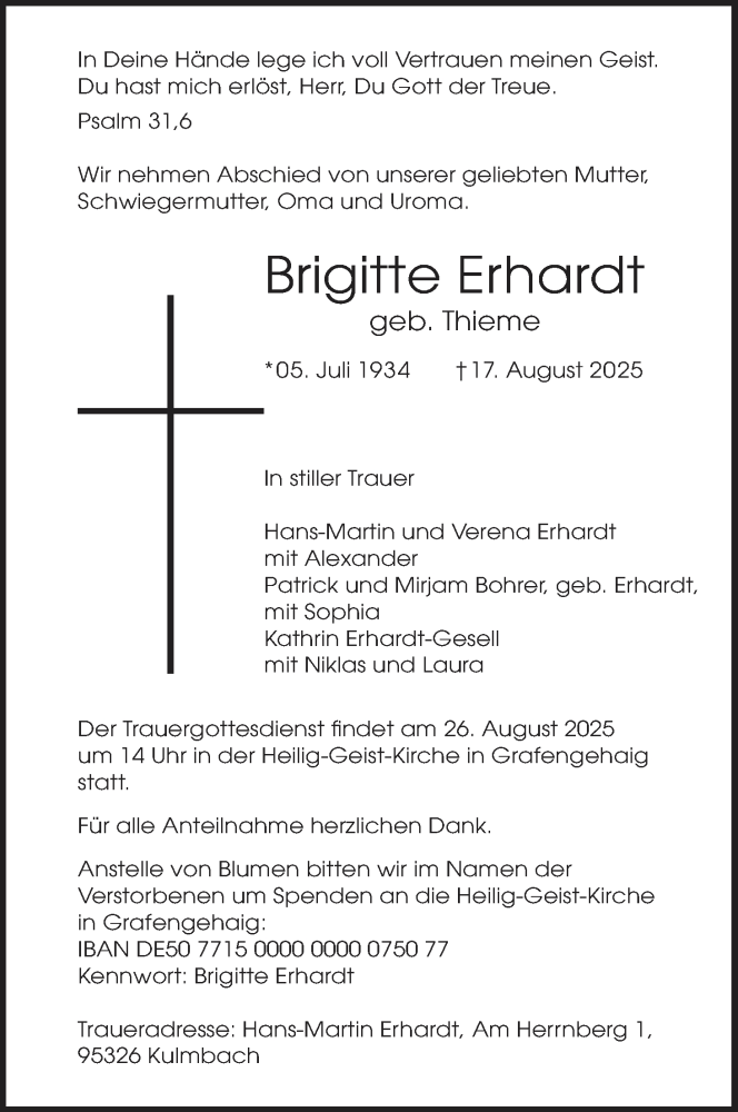  Traueranzeige für Brigitte Erhardt vom 23.08.2025 aus MGO