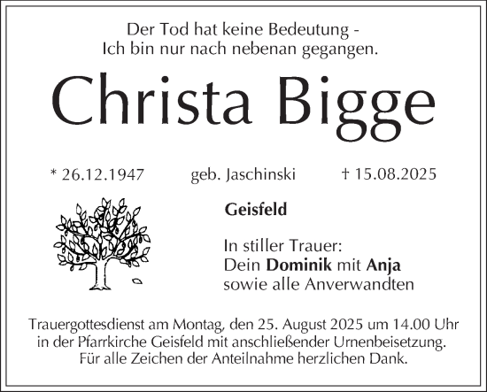 Anzeige von Christa Bigge von MGO