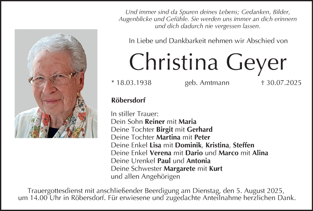  Traueranzeige für Christina Geyer vom 02.08.2025 aus MGO