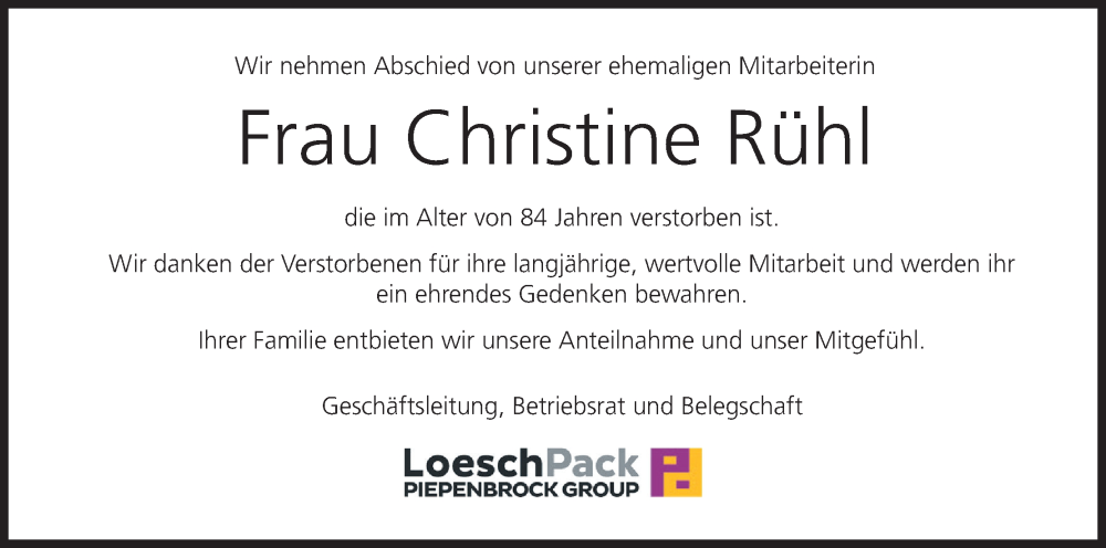  Traueranzeige für Christine Rühl vom 08.08.2025 aus MGO