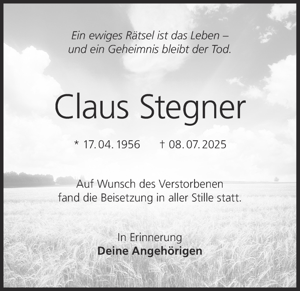  Traueranzeige für Claus Stegner vom 09.08.2025 aus MGO
