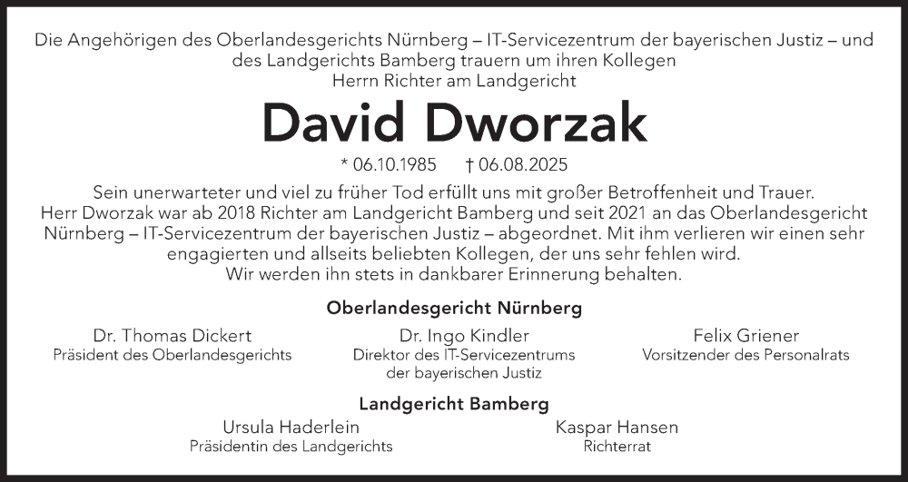  Traueranzeige für David Dworzak vom 23.08.2025 aus MGO