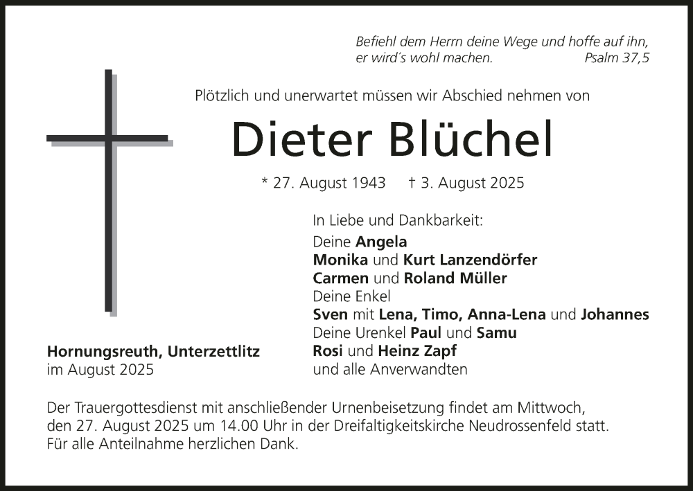  Traueranzeige für Dieter Blüchel vom 23.08.2025 aus MGO