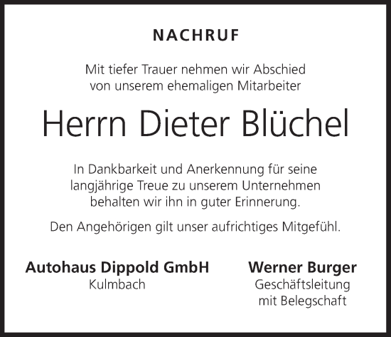 Anzeige von Dieter Blüchel von MGO
