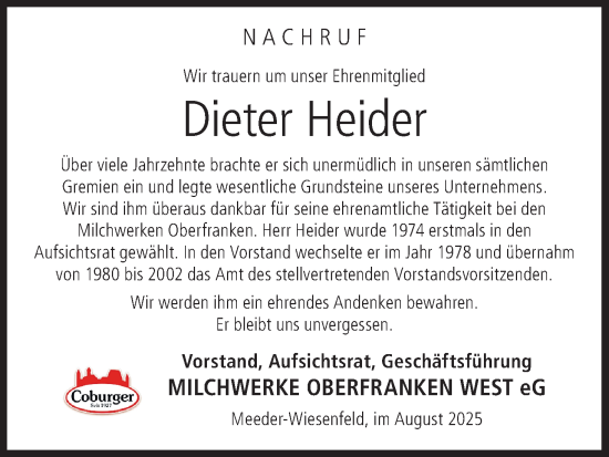 Anzeige von Dieter Heider von MGO