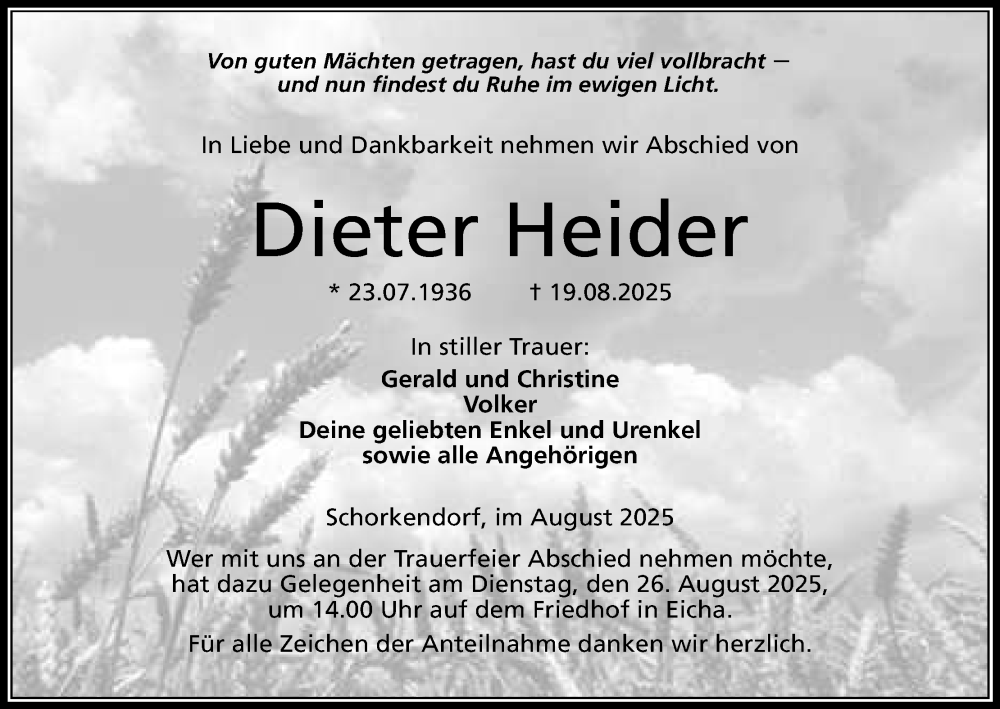  Traueranzeige für Dieter Heider vom 23.08.2025 aus MGO