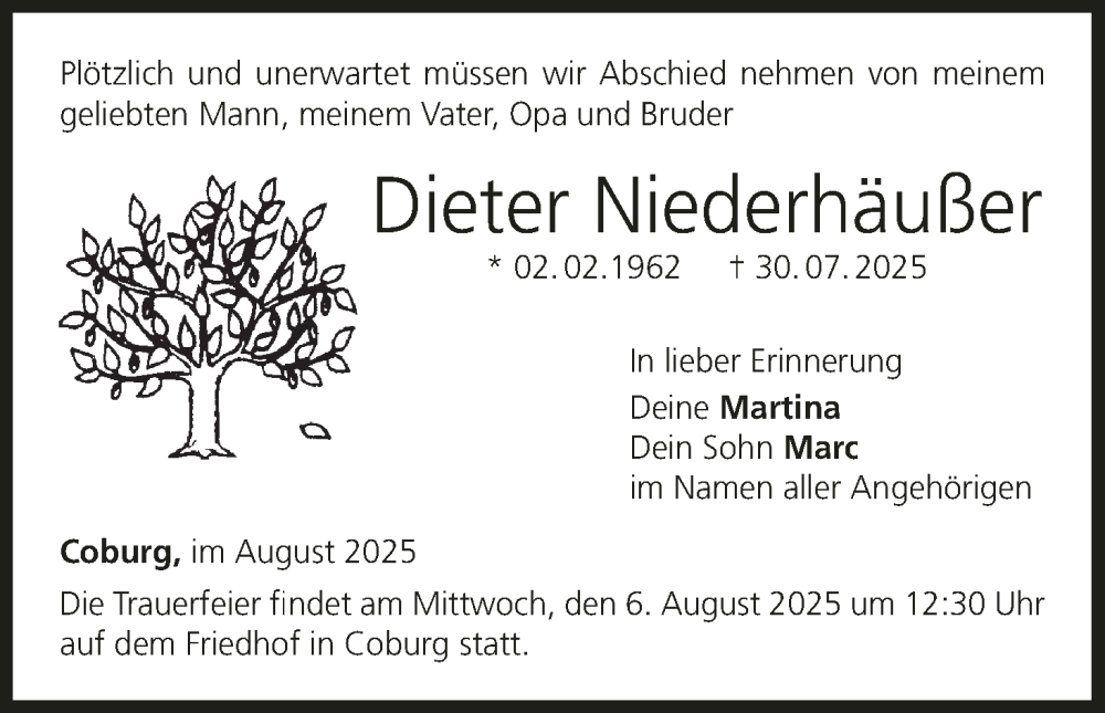  Traueranzeige für Dieter Niederhäußer vom 02.08.2025 aus MGO