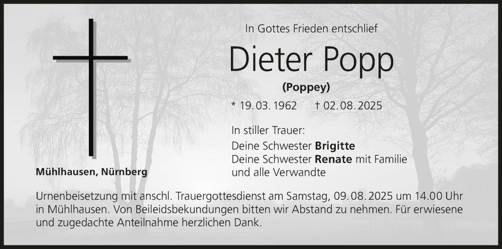  Traueranzeige für Dieter Popp vom 07.08.2025 aus MGO
