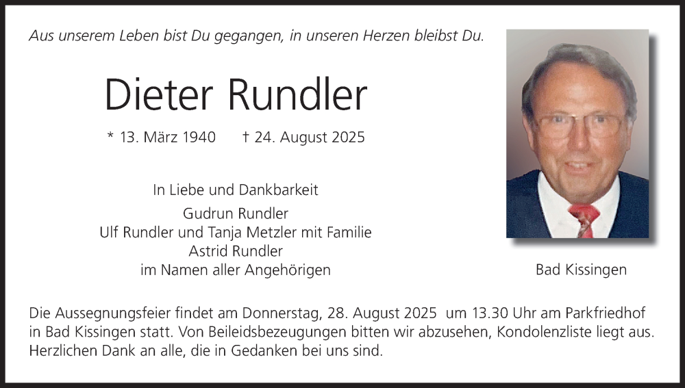  Traueranzeige für Dieter Rundler vom 26.08.2025 aus MGO