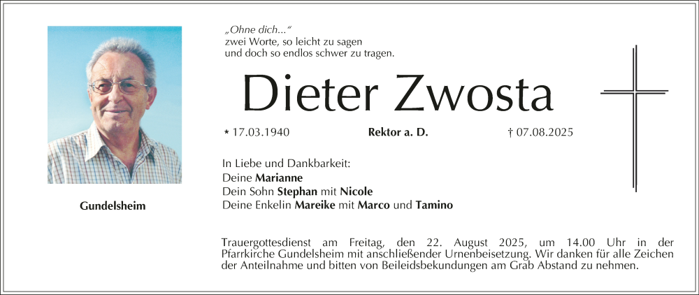  Traueranzeige für Dieter Zwosta vom 16.08.2025 aus MGO